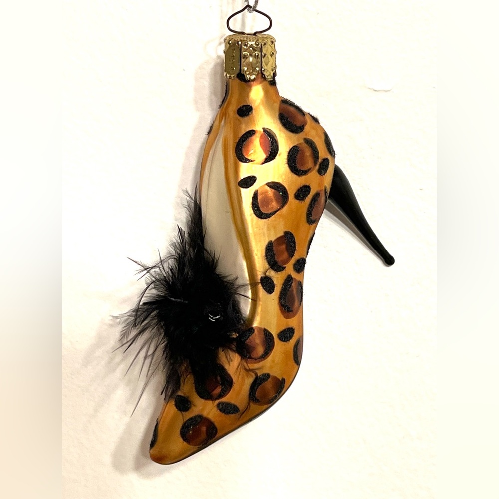 Christborn Germany Christmas Stiletto Shoe Leopard Print Glass Ornament Feather
